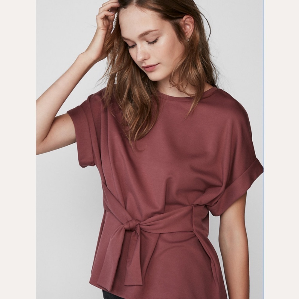 Express Tie Waist Roll Sleeve Short Sleeve Shirt Pink Small